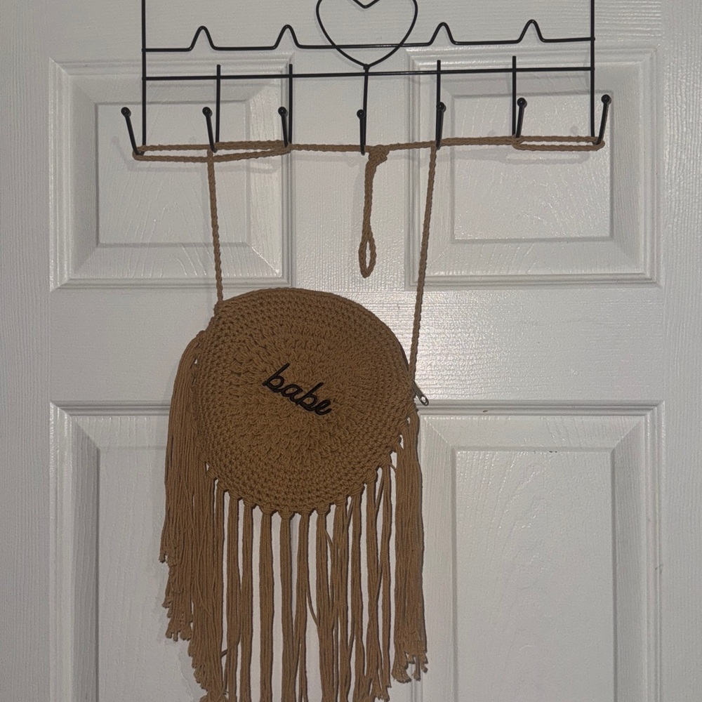 Fringed Tan Crochet Bag with 'Babe' Embroidery